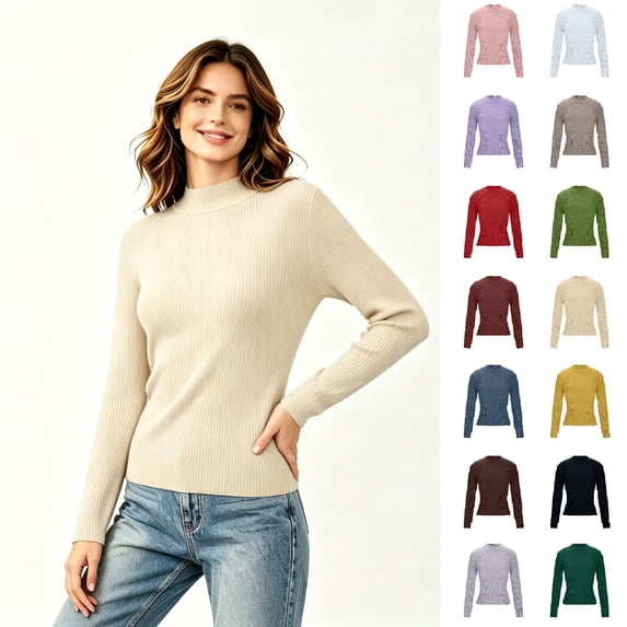 Women's Mock Neck Long Sleeve Top, Ribbed Slim Fit Knit Layering Sweater,Beige,Women's Plus Size M