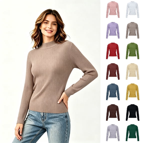 Women's Mock Neck Long Sleeve Top, Ribbed Slim Fit Knit Layering Sweater,Khaki,Women's Plus Size XL