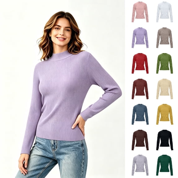 Women's Mock Neck Long Sleeve Top, Ribbed Slim Fit Knit Layering Sweater,Purple,Women's Plus Size XL