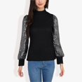 thumbnail image 1 of Women's Mock Neck Long Sleeve Top Sequin Detail Ribbed Knit Pullover- Medium, Black, 1 of 6