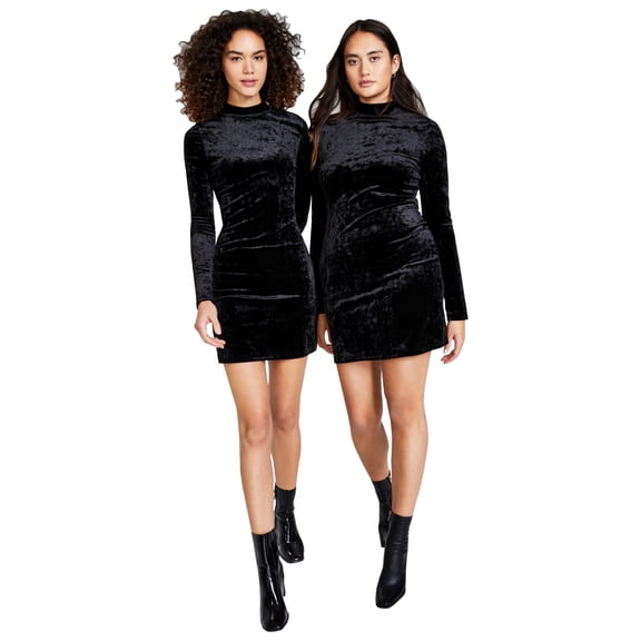 Women's Mock-Neck Long-Sleeve Velvet Dress Black S