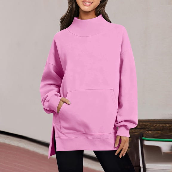Women's Mock Neck Oversized Long Sleeve Sweatshirt Casual Loose Side Slit Pullovers Cozy Tunic Tops with Pocket