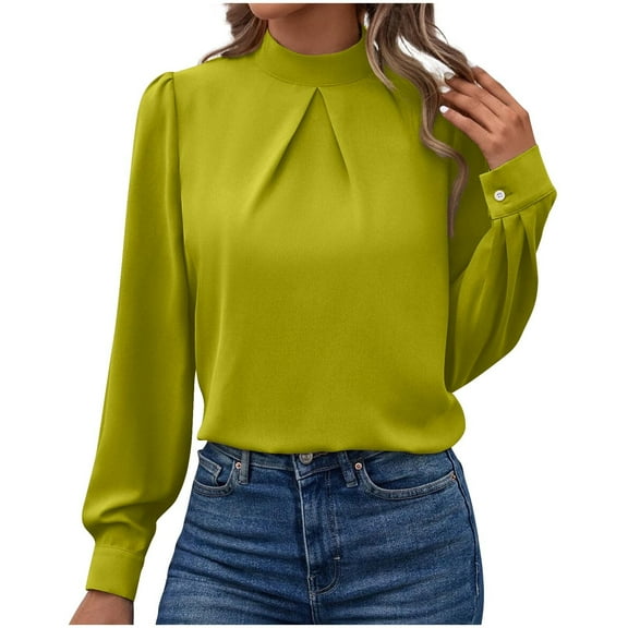 Women's Mock Neck Pleated T Shirts Solid Long Sleeve Casual Dressy Satin Blouse Business Office Work Shirt Top