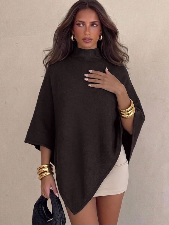 Women's Mock Neck Poncho Sweater Cape Loose Knit Top