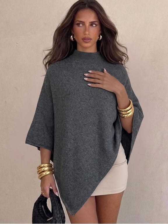 Women's Mock Neck Poncho Sweater Loose Knit Cape Pullover Top