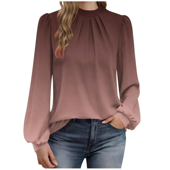 Women's Mock Neck Puff Sleeve Blouse - Gradient Keyhole Back Pleated Front Top, Dressy Casual Office Business Blouse for Fall