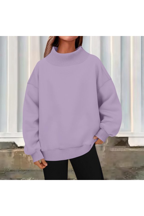 Women's Mock Neck Pullover, Oversized Casual Comfort Sweatshirt, Long Sleeve Solid Color Top for Fall Winter Loungewear and Work Outfits Purple XXXL