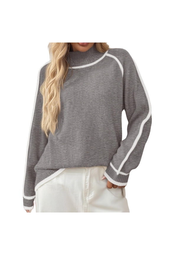 Women's Mock Neck Pullover Sweaters 2025 Casual Fall Winter Long Sleeve Color Block Loose Knitted Tops Gray L
