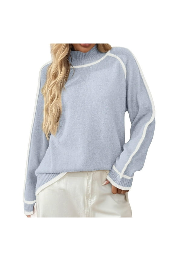Women's Mock Neck Pullover Sweaters 2025 Casual Fall Winter Long Sleeve Color Block Loose Knitted Tops Light Blue L