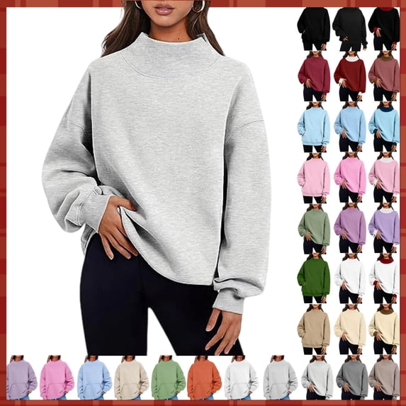 Women's Mock Neck Pullover Sweatshirt Casual Loose Fit Long Sleeve Solid Color Top Winter Fleece Tunic Mock Neck Sweatshirt Women 2026 Sweatshirts Sweater Tops Winter Clothes
