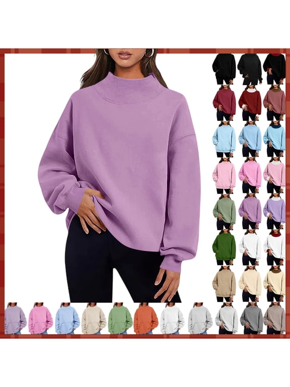 Women's Mock Neck Pullover Sweatshirt Casual Loose Fit Long Sleeve Solid Color Top Winter Fleece Tunic Mock Neck Sweatshirt Women 2026 Sweatshirts Sweater Tops Winter Clothes