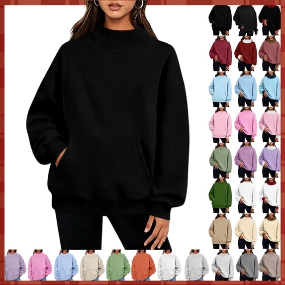 Women's Mock Neck Pullover Sweatshirt with Pocket Casual Loose Fit Long Sleeve Solid Color Winter Fleece Top Mock Neck Sweatshirt Women 2026 Fall Fashion Oversized Turtleneck Pullover Fleece