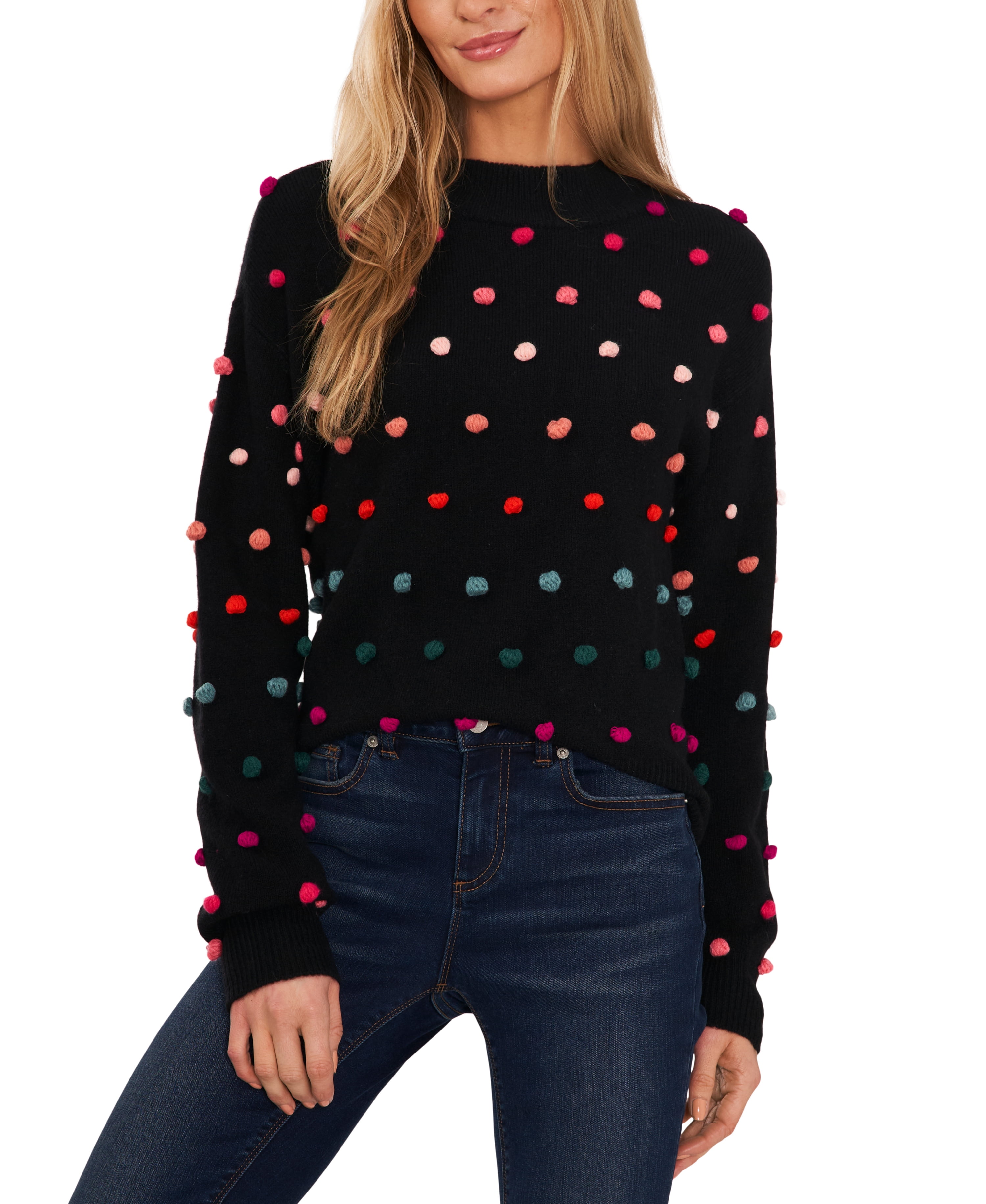 Women s Mock Neck Rainbow Pom Pom Sweater Rich Black XS Walmart