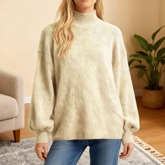 Women's Mock Neck Ribbed Knit Sweater, Puff Sleeve Pullover Top, Cropped Casual Sweater, Soft Cotton Blend Blouse, Relaxed Fit Tunic, Bell Sleeve Design Beige S