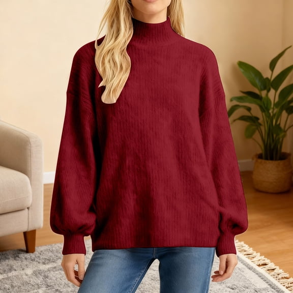 Women's Mock Neck Ribbed Knit Sweater, Puff Sleeve Pullover Top, Cropped Casual Sweater, Soft Cotton Blend Blouse, Relaxed Fit Tunic, Bell Sleeve Design Red S