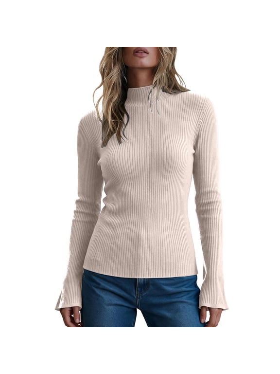 Women's Mock Neck Ribbed Knit Sweater Slim Fit Flare Long Sleeve Stretchy Pullover Lightweight Casual Base Layer Tight Tops