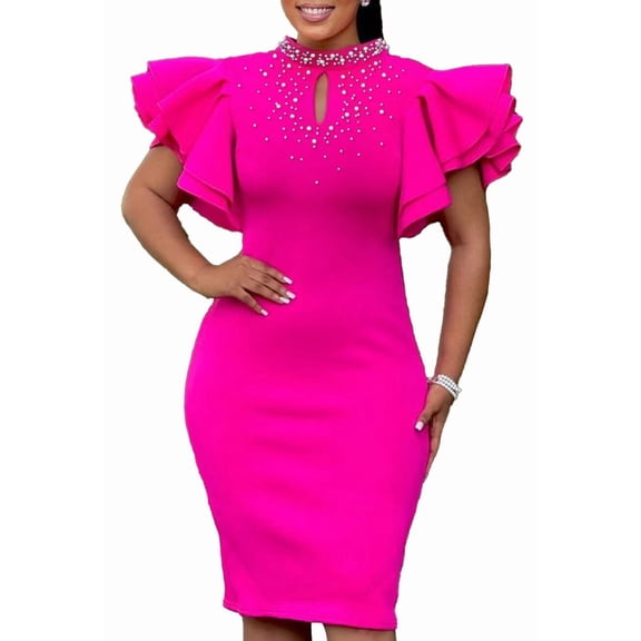 Women's Mock Neck Sexy Studded Beaded Midi Sexy Club Dresses Office Work Dress