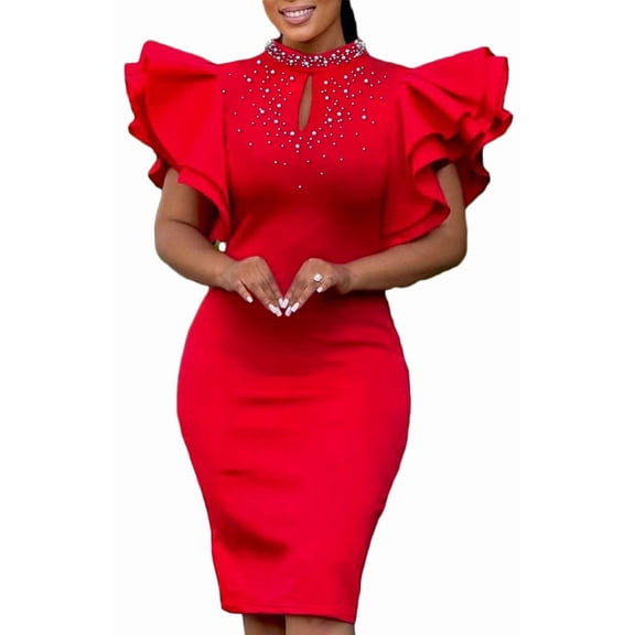 Women's Mock Neck Sexy Studded Beaded Midi Sexy Club Dresses Office Work Dress