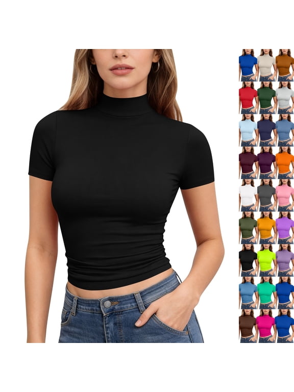 Women's Mock Neck Shirts Short Sleeve Turtleneck Crop Tops Slim Fitted Dressy Casual Tees Summer Basic Tshirts 2026,Black 2XL