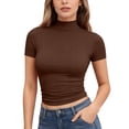 thumbnail image 1 of Women's Mock Neck Short Sleeve Tops, Slim Fit Solid Color T-Shirt, Soft Stretchy Baselayer, Summer Office Tee Brown 3XL, 1 of 5