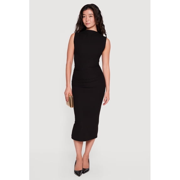 Women's Mock Neck Side Ruched Sleeveless Midi Dress