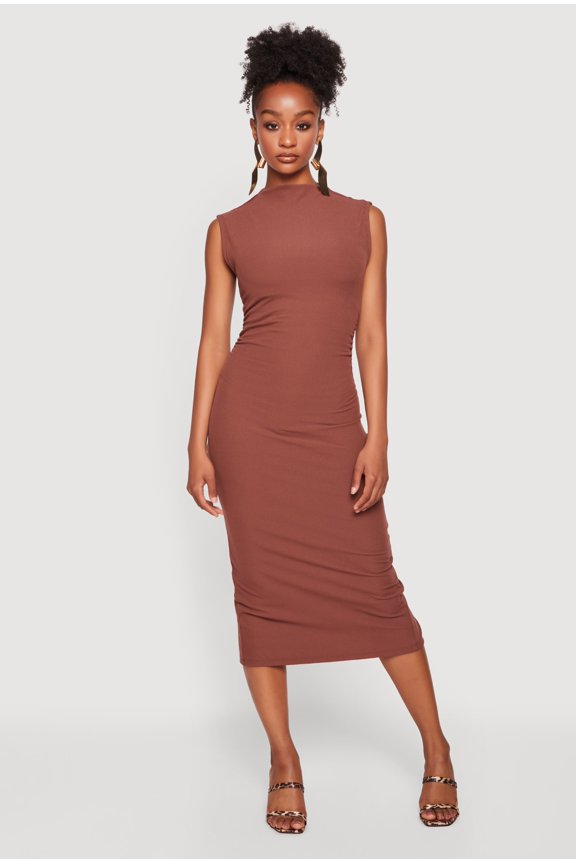 Women's Mock Neck Side Ruched Sleeveless Midi Dress