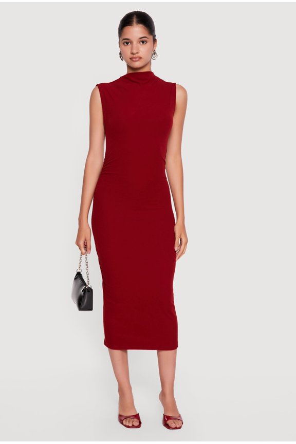 Women's Mock Neck Side Ruched Sleeveless Midi Dress