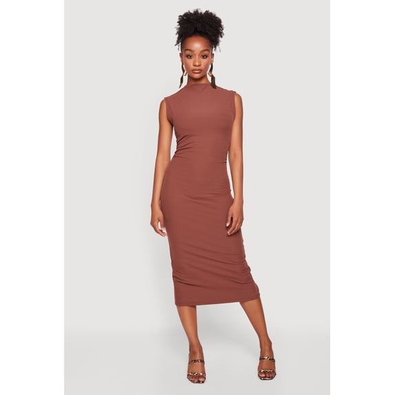 Women's Mock Neck Side Ruched Sleeveless Midi Dress