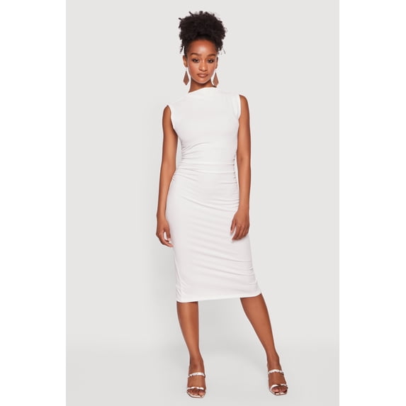 Women's Mock Neck Side Ruched Sleeveless Midi Dress