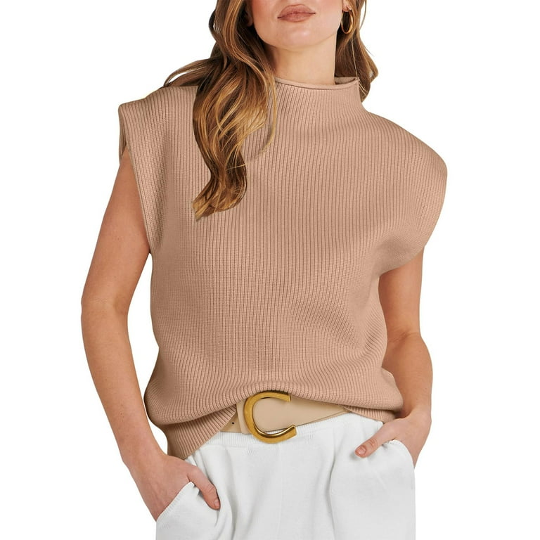 Women's Mock Neck Sleeveless Sweater Vest Casual Solid Cap Sleeve Knit  Pullover Tank Tops 