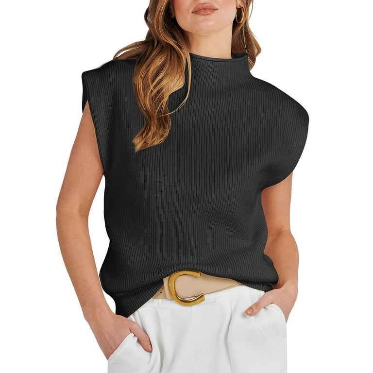 Women's Mock Neck Sleeveless Sweater Vest Casual Solid Cap Sleeve Knit  Pullover Tank Tops