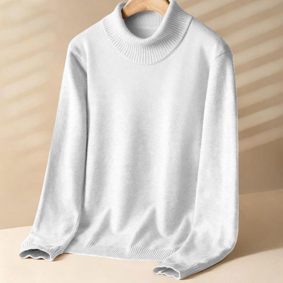 Women's Mock Neck Solid Color Sweater, Fleece Lined Winter Pullover, Warm Knitted Top, Thick Casual Autumn Winter Sweater, Loose Fit Turtleneck White M