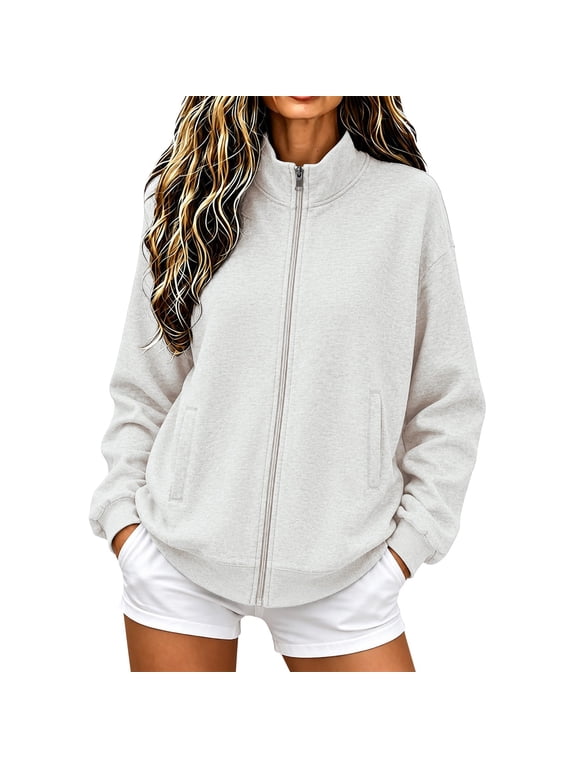 Women's Mock Neck Stand Collar Zip Up No Hood Sweatshirt Jacket, Long Sleeve Loose Seam Pocket Lightweight Casual Sweater Top for Work Dates Parties Campus Weddings Meetings Casual Outings Light Ashy