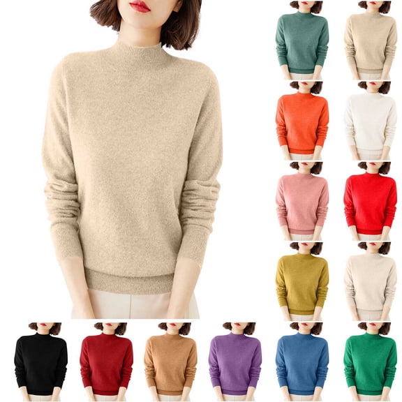 Women's Mock Neck Sweater Classic Long Sleeve Soft Knit Pullover Warm Slim Fit Fall Winter Top Beige S