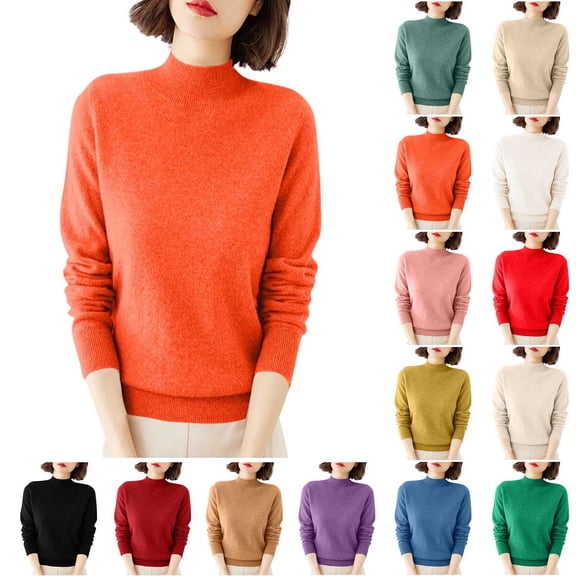 Women's Mock Neck Sweater Classic Long Sleeve Soft Knit Pullover Warm Slim Fit Fall Winter Top Orange S