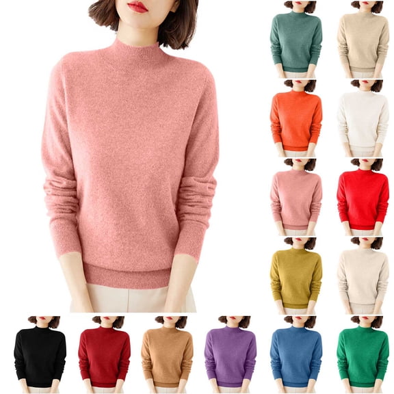 Women's Mock Neck Sweater Classic Long Sleeve Soft Knit Pullover Warm Slim Fit Fall Winter Top Pink XL