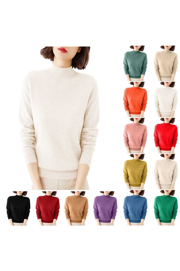 Women's Mock Neck Sweater Classic Long Sleeve Soft Knit Pullover Warm Slim Fit Fall Winter Top White S