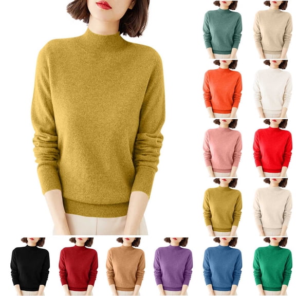 Women's Mock Neck Sweater Classic Long Sleeve Soft Knit Pullover Warm Slim Fit Fall Winter Top Yellow M