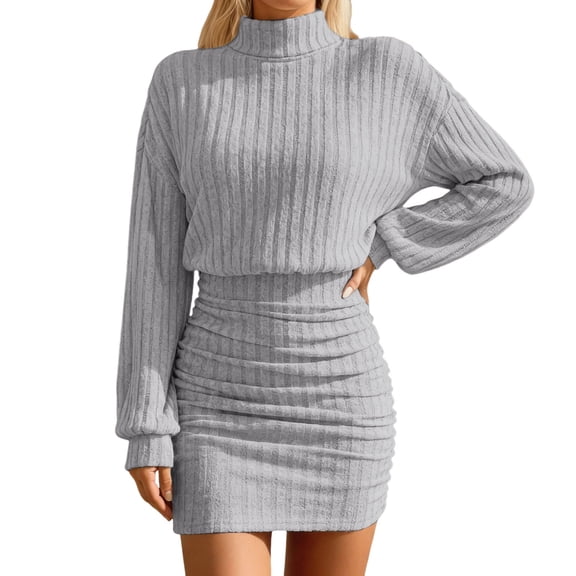 Women's Neck Sweater Dress Fall Long Lantern Sleeve Bodycon Pullover Mini Short Dresses Grey M