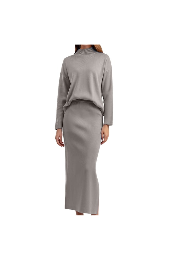 Women's Mock Neck Sweater Sets Knit 2 Piece Soft Sweater Midi Pencil Skirt Set with Side Split Fall Outfits (One Size, Beige)