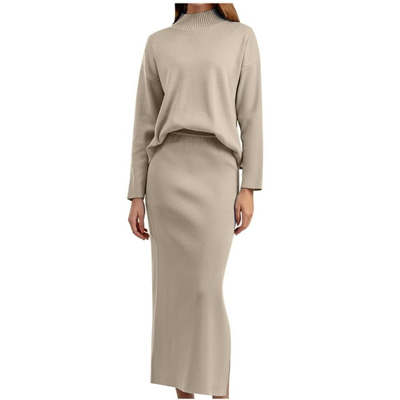 Women's Mock Neck Sweater Sets Knit 2 Piece Soft Sweater Midi Pencil Skirt Set with Side Split Fall Outfits (One Size, Khaki)