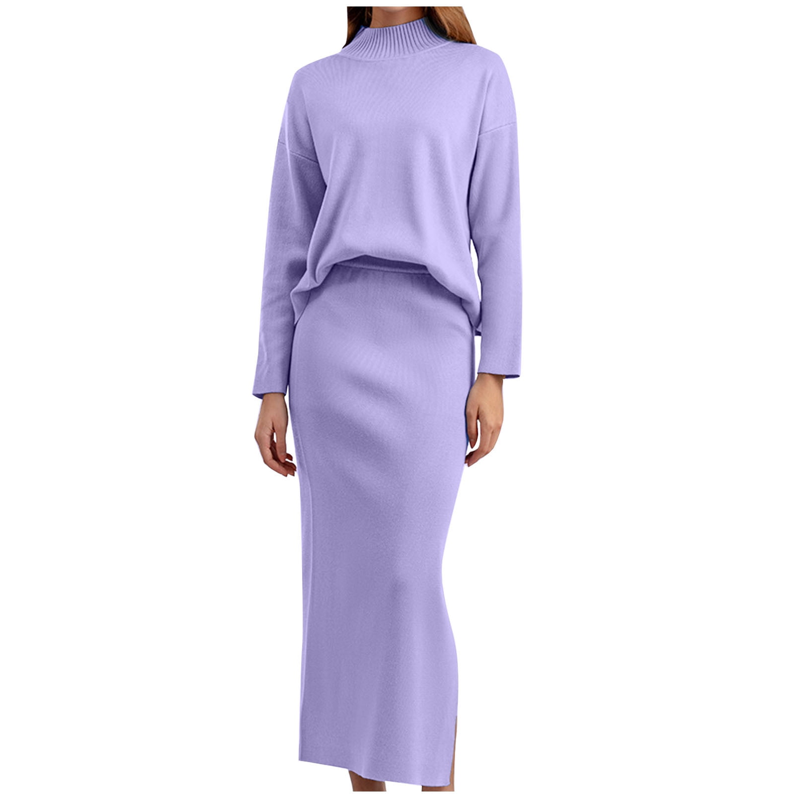 Slit Mock Neck Top and Pants Sweater Set for Women