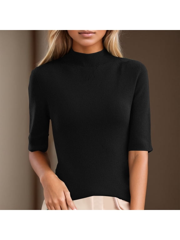 Women's Mock Neck Sweater, Slim Fit 3/4 Sleeve Knit Top for Layering, Thin Base Layer Pullover for Spring and Fall Comfort, Casual Everyday Wear Black L