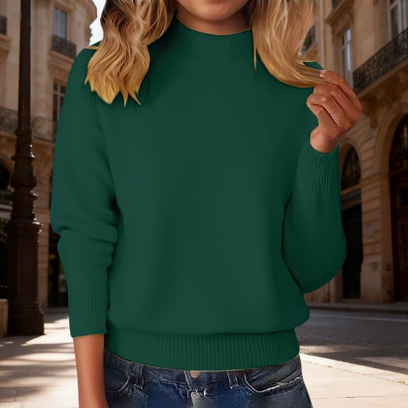 Women's Mock Neck Sweater, Solid Color Long Sleeve Pullover, Loose Fit Casual Basic Top, Fall Winter Everyday Knit Sweater, Simple Crewneck Pullover Blackish Green S