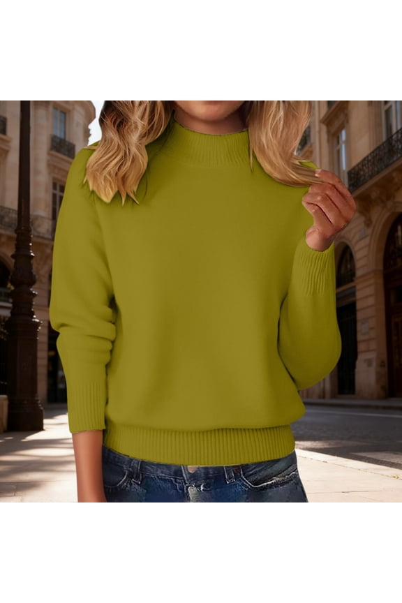 Women's Mock Neck Sweater, Solid Color Long Sleeve Pullover, Loose Fit Casual Basic Top, Fall Winter Everyday Knit Sweater, Simple Crewneck Pullover Yellow L