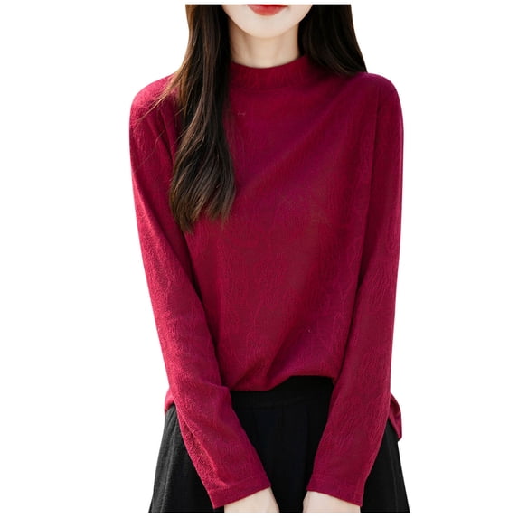 Women's Mock Neck Sweater Solid Long Sleeve Pullover Sweater Red S