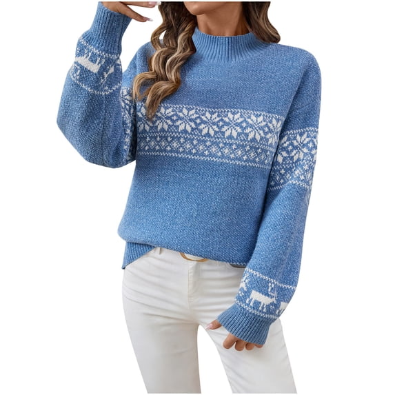 Women's Mock Neck Sweaters Christmas Long Sleeve Jumper Top Holiday Fall Winter Knitted Pullover Tops Blue XL