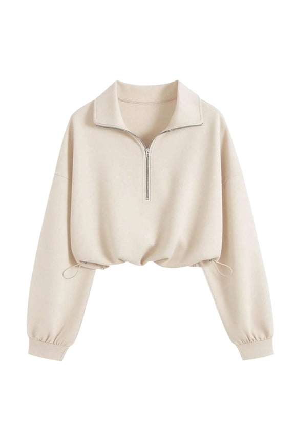 Women's Mock Neck Sweatshirt Lightweight Half Zip Pullover Cropped Sweatshirts Workout Tops Drawstring Hem Fall Trendy Hoodie