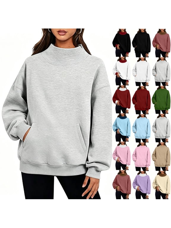 Women's Mock Neck Sweatshirt Oversized Fleece Lined Turtleneck Casual Loose Turtleneck Long Sleeve Pullover Solid Blouse Sweatshirts Tops Fall Outfits with Pockets