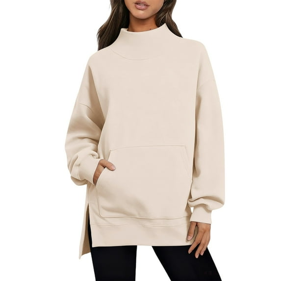 Women's Mock Neck Sweatshirt, Solid Color Long Sleeve Pullover Top for Daily Wear, Soft Casual Loungewear for Fall and Winter, Comfortable Crewneck Shirt for Women, Relaxed Fit Casual Wear Beige